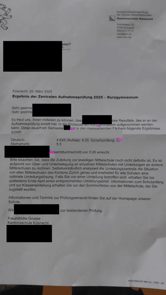 Ergebnisbrief der Zentralen Aufnahmeprüfung: bestanden (1 von 7)